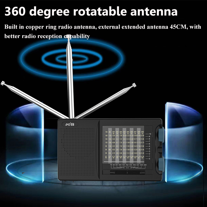 Rádio portátil FM AM SW, Rádios de alta sensibilidade, Receptor Alto-falante embutido, Antena giratória de 360 graus, fone de ouvido