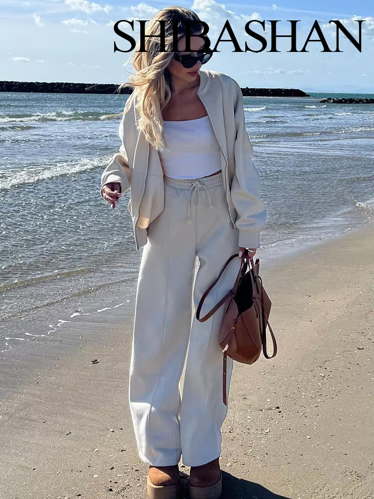 HH otoño mujer Casual sólido traje deportivo manga larga cremallera chaqueta Bomber abrigo + pantalones sueltos de cintura elástica conjuntos de pantalones