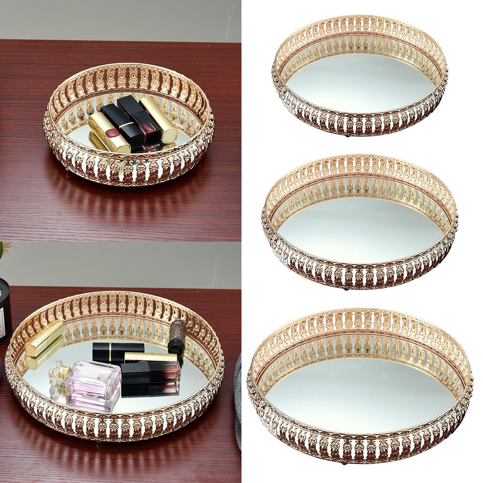 Gold Mirrored Crystal Vanity Makeup Tray Cosmetic Perfume Bottle Storage Tray