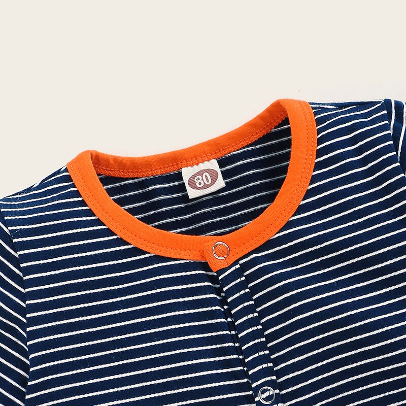 Letnia dziewczynka ubrania dziewczynka/chłopiec 0-24 miesięcy pajacyk dziecięcy z krótkim rękawem ciemny niebieski pasek kombinezon kreskówka wzór w lisa ubrania