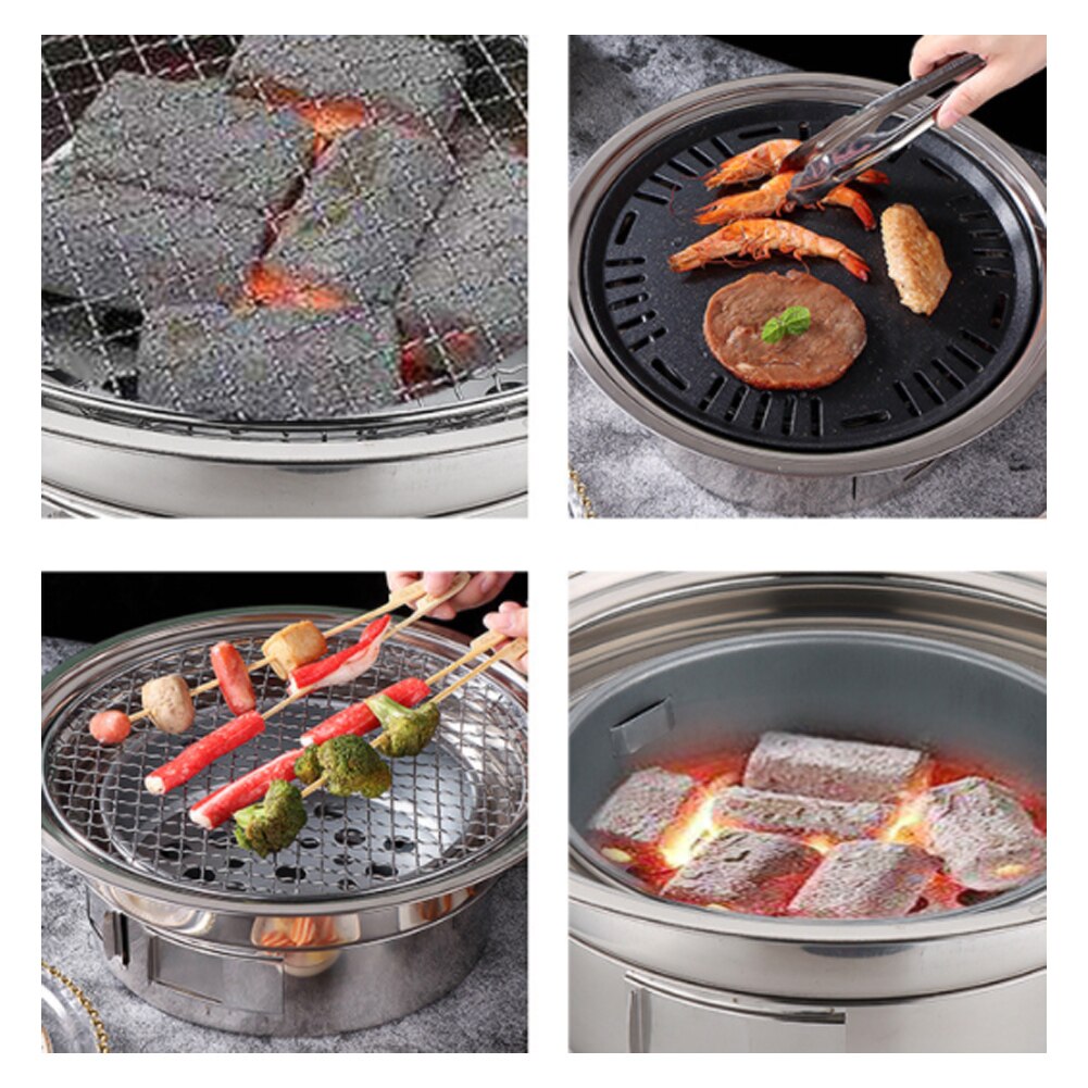 Parrilla de barbacoa de carbón coreana, bandeja antiadherente de acero inoxidable, estufa de carbón portátil para barbacoa de Camping al aire libre