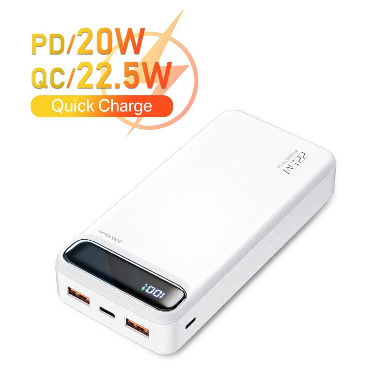 Powerbank 20000 mah bærbar lader powerbank 20000 mah hurtiglader eksternt batteri pd poverbank til iphone 13 12 pro xiaomi: Hvit