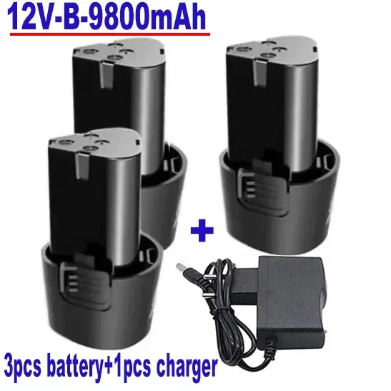 Destornillador eléctrico tipo B 100% Original, batería de carga universal, taladro eléctrico, batería de iones de litio, 12V, 9800mAh: Negro