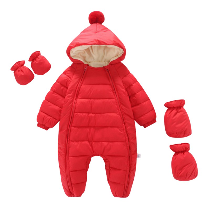 Baywell Winter Baby Girls Boys Snowsuit Infant Zipper One-Pieces Pompom Hooded Romper Footies+Gloves+Shoes 0-24M: R / 100-XL(18-24M)