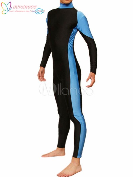 Halloween Carnaval Party Blauw Strepen Spandex Lycra Catsuit Zentai Pak