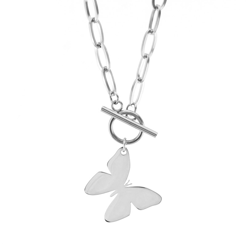 Stainless steel Jewelry WOMEN NECKLACE Butterfly Pendant Short CHOKER GOLD COLOR Toggle PENDANT NECKLACE collares Collier: 32mm-Steel / 50cm