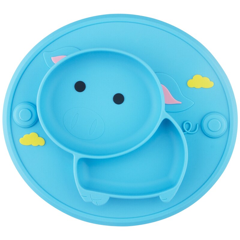 Qshare Baby Feeding Learning Bowl Cute Pig Silicone Suction Plate Placemat Kids Feeding Dinnerware Baby Food Dishes Pratos: Blue