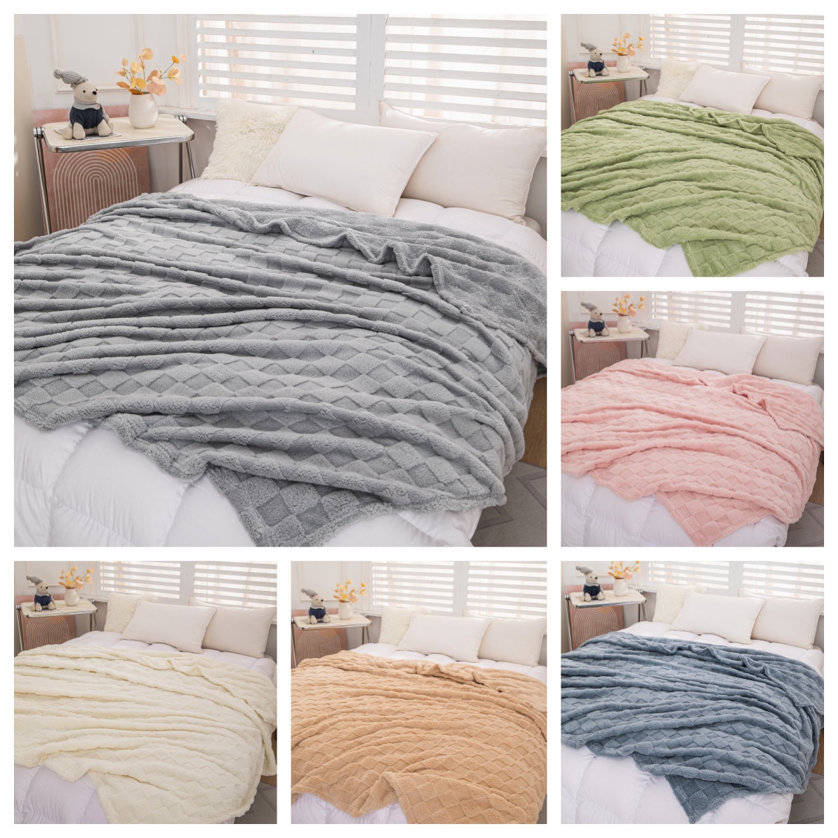 Coperta da tiro grigio pallido a quadretti in morbido mucchio di peluche - Coperta da divano da viaggio Boho accogliente per esterni a grandezza naturale, tiro con struttura cialda