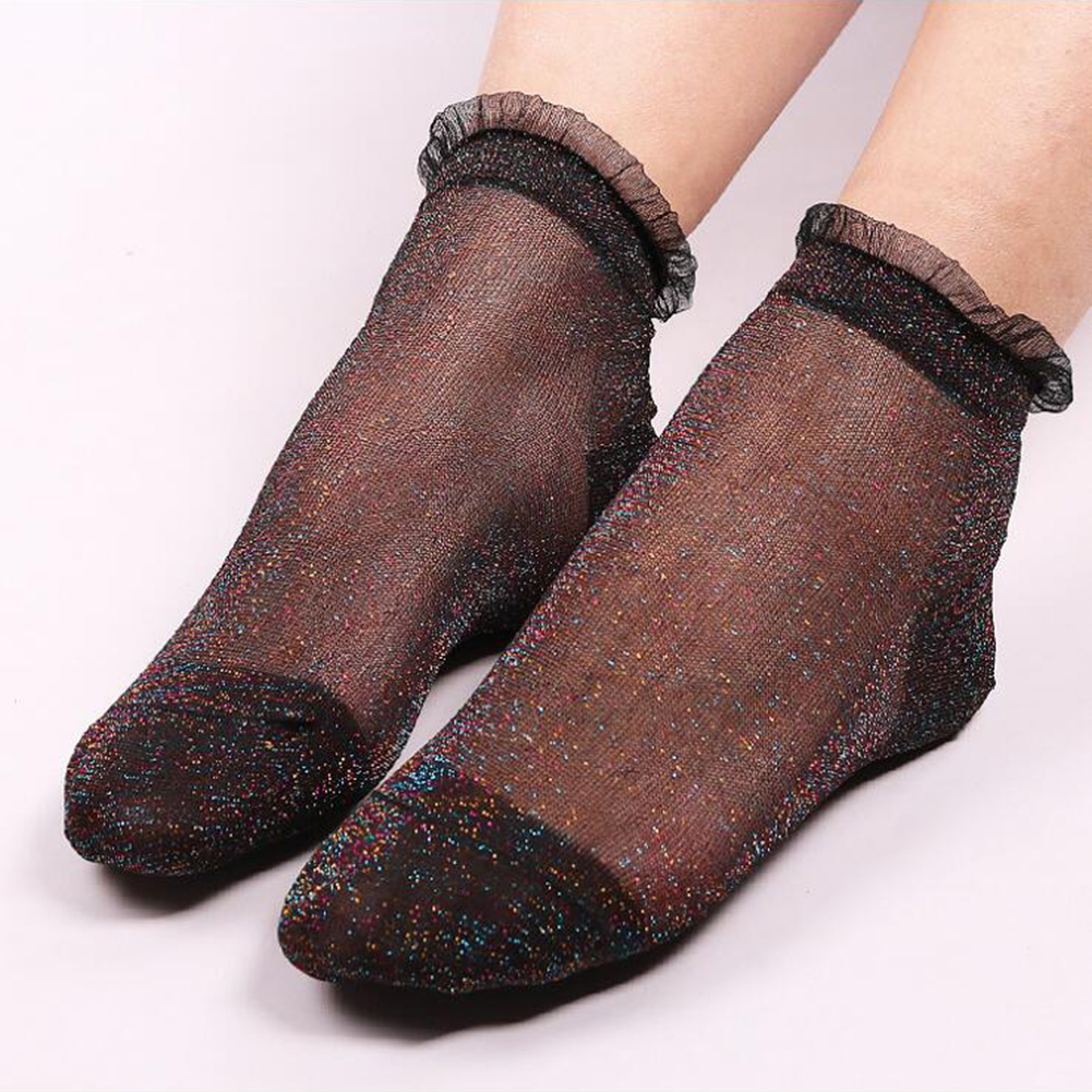 Glitter Ankles Socks Women Socks Spring Summer Shiny Hosiery Thin Casual Girls Sexy Foot Socks Crystal Lace Boat Socks: black multi
