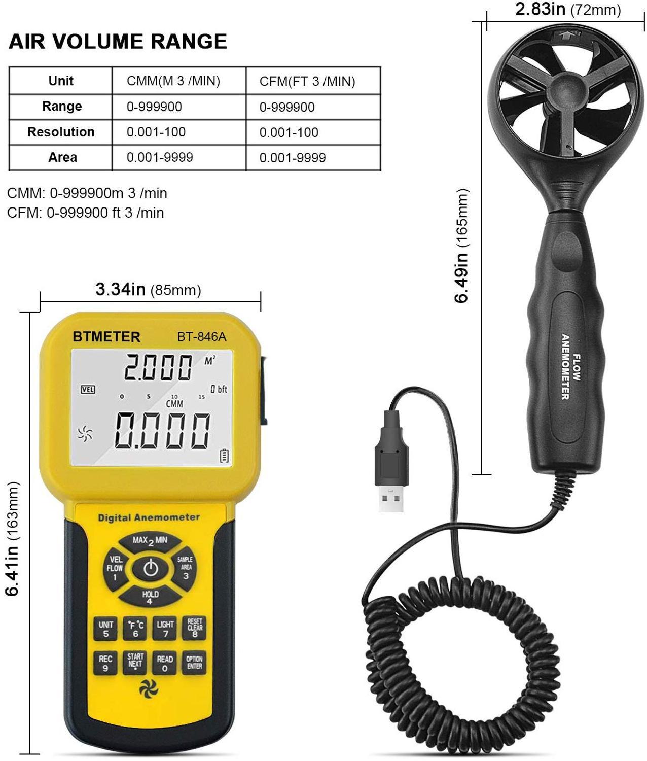 BTMETER 846A Digital Anemometer Pro HVAC Measuring Wind Speed/Flow/Temperature CFM Air Flow Velocity Meter with Back Light