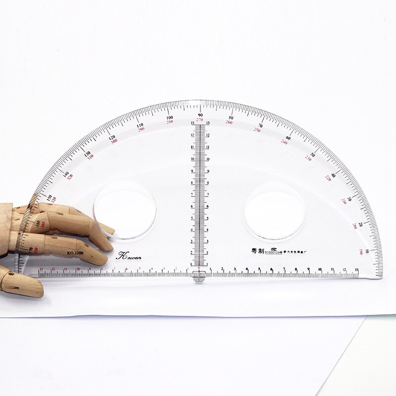 Plastic protractor 180 degrees, 25 cm in diameter, transparent organic material