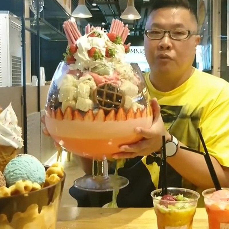 Super helado de goteo de vidrio de frutas de alta torta red rojo vaso para bebidas frías postre helado gigante
