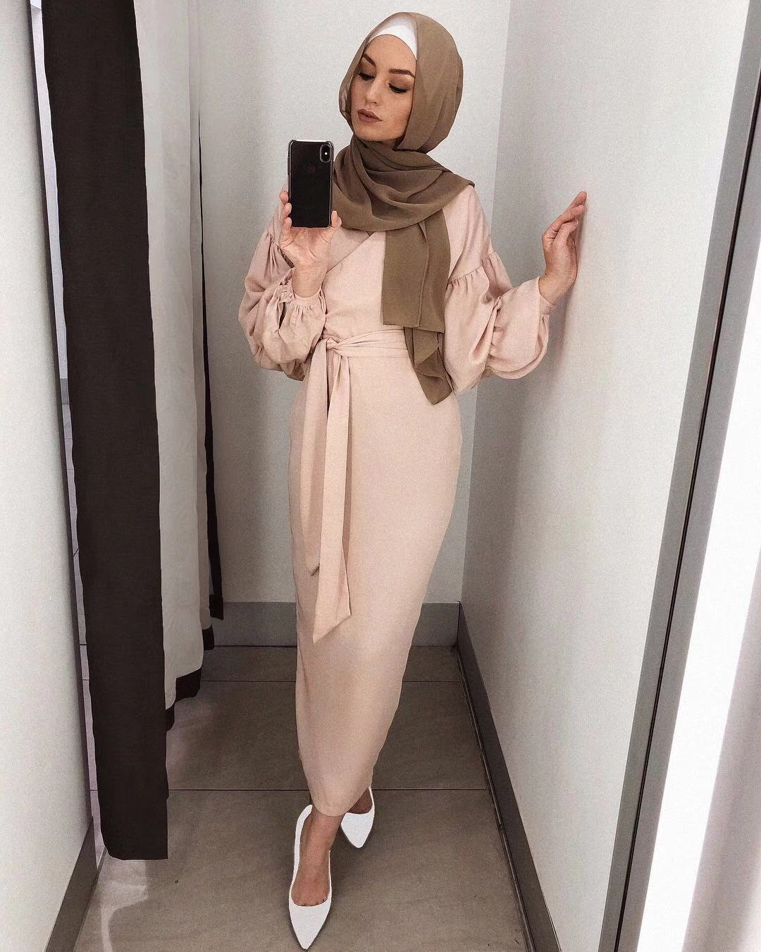 Autumn Muslim Abaya Dress Women Slim Maxi Hijab Dresses Islamic Clothing Puff Sleeve Dubai Moroccan Kaftan Elbise Solid Color