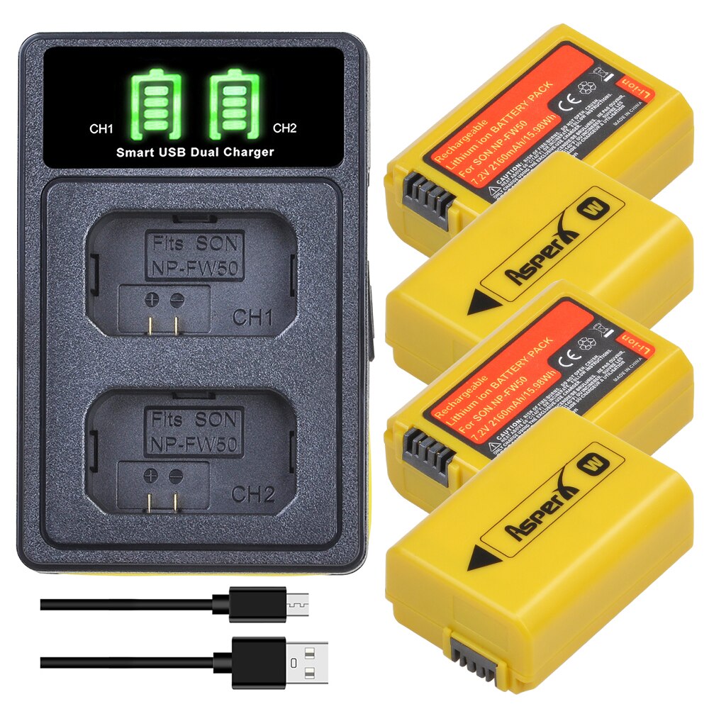 2160 mah gult np -fw50 batteri til sony np  fw50, a6000, a6500, a6300, a6400, a7, a7ii, a7r ii , a55,  nex -3n, rx10 iii , rx10 mk iv: 4 batteri og oplader