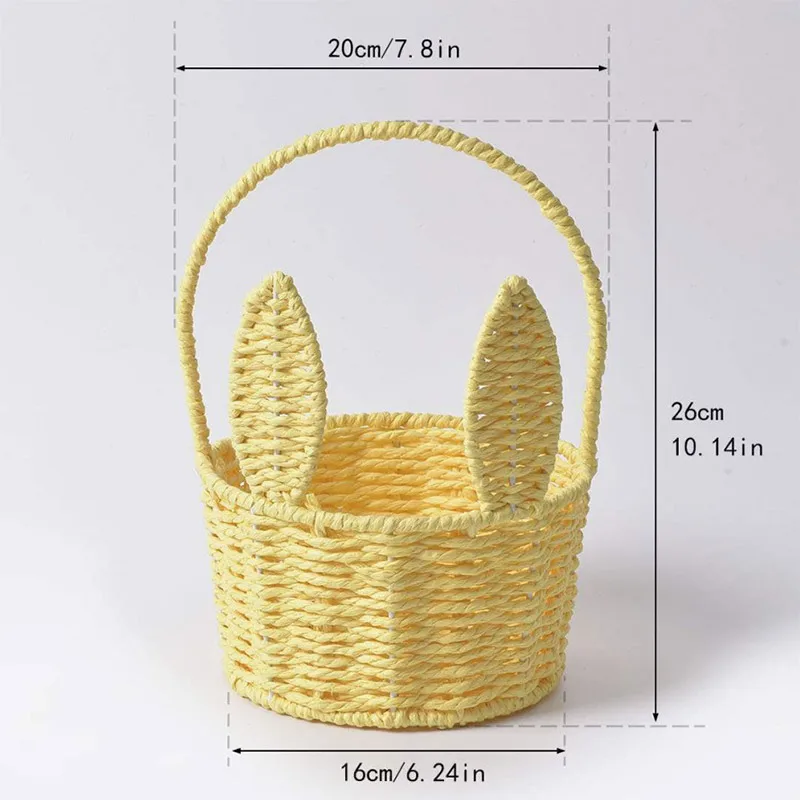 Cute Bunny Ears Woven Basket Paper Rope Braided Flower Basket Easter Decoration Home Picnic Fruit Hand-held Sundries Organizers: Yellow