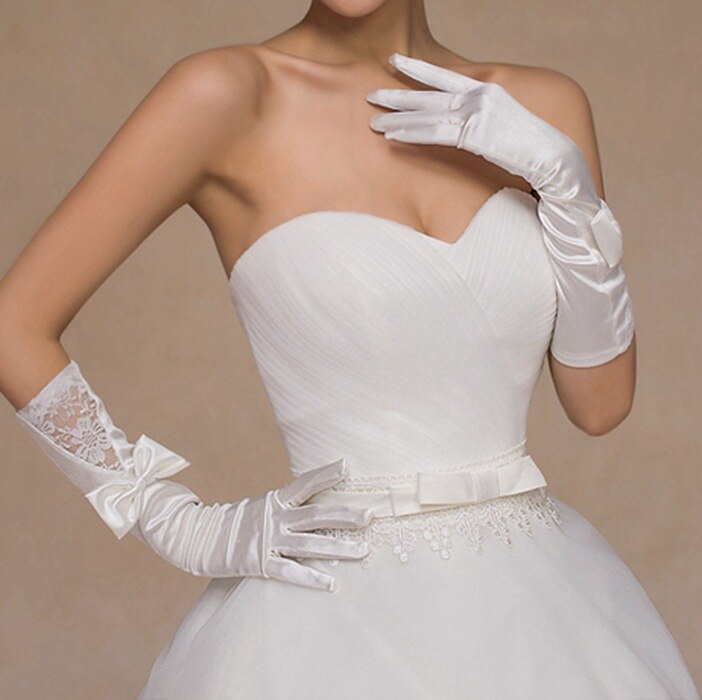 Long Satin Gloves For Wedding Lace Appliques Wedding Gloves For Bride Princess Gloves For Wending Accesories Bride