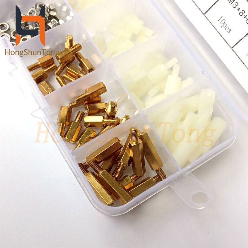 180pcs/set M3 Nylon and Brass White Male-Female M-F Stainless Steel Screws Nut Assortment Box kit set with Plastic Box Hollow