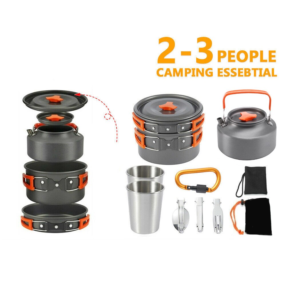 1 Set Outdoor Potten Pannen Camping Kookgerei Picknick Koken Set Non-stick Servies Met Opvouwbare Lepel Vork Mes Ketel cup