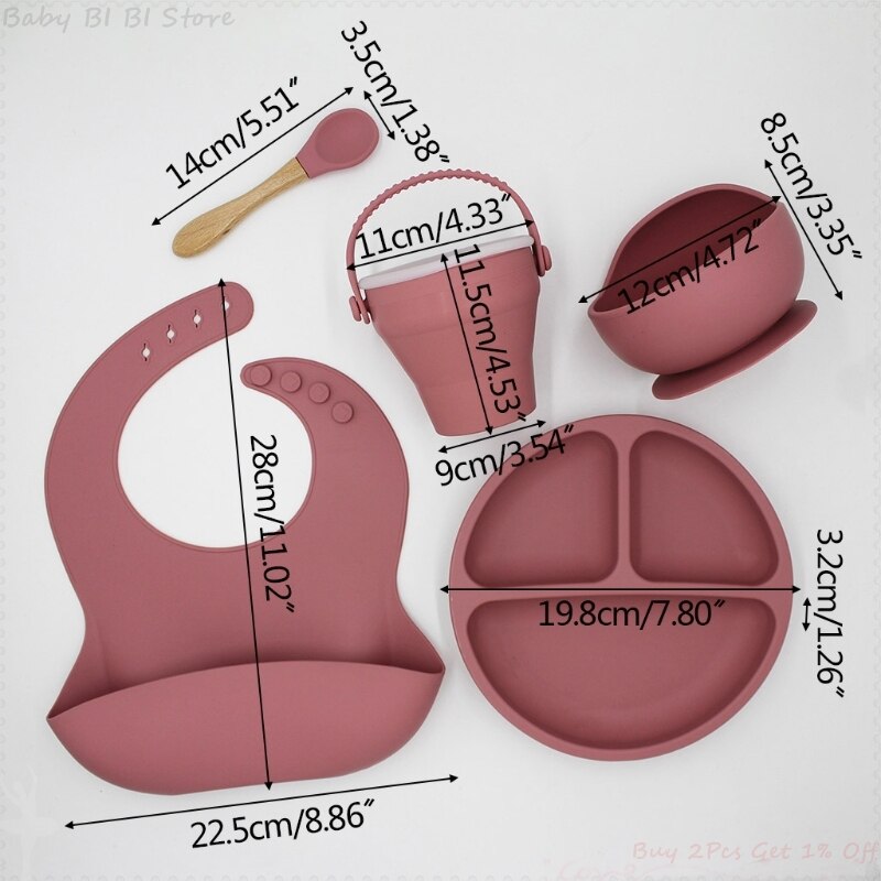 5 Pcs Baby Bibs Drooling Burp Aprons+Suction Dish Bowl+Sucker Dinner Plate+Spoon+Cup Set Silicone Tableware Kit