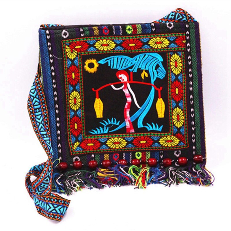 Hmong – sac à bandoulière Vintage chinois Style National ethnique, sac brodé Boho Hippie pompon, fourre-tout