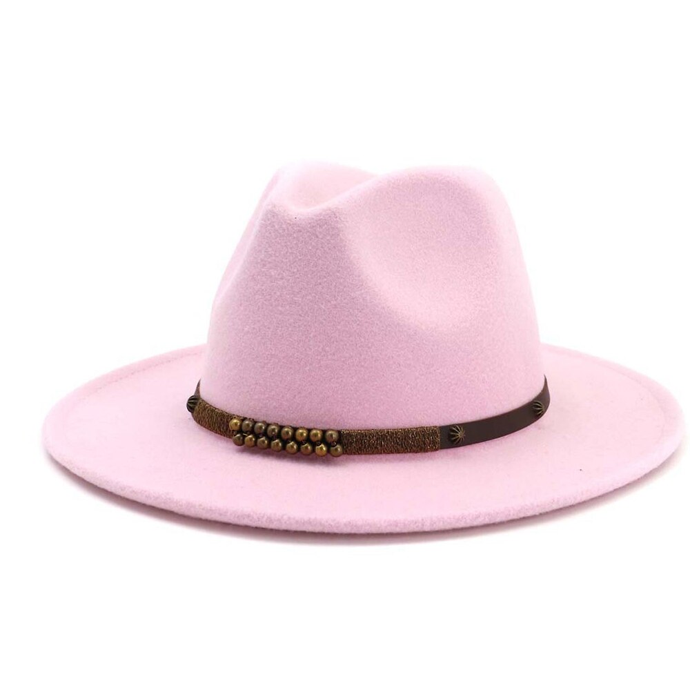 Men Women Fedora Hat With Belt Wide Brim Hat Ladies Winter Hat Pop Jazz Hat: Pink