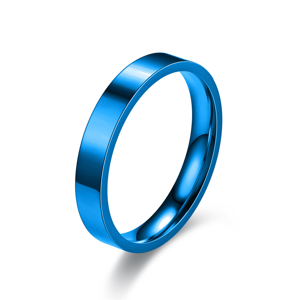 Anillos planos sencillos de acero inoxidable de 4mm, japonesa coreana, anillos de dedo de acero de titanio brillante para joyería juvenil, niño y niña: 4.25 / Azul