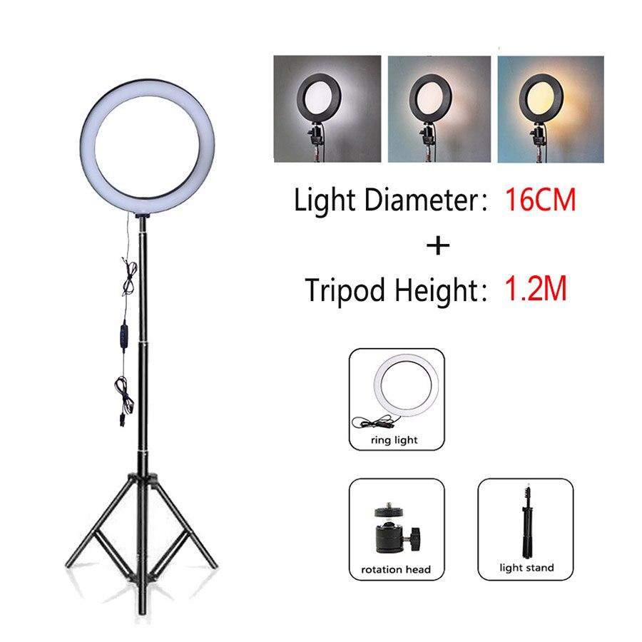 Mamen 33/26cm ringlamp met standaard voor telefoon, dimbare led selfie ringlamp met statief, usb selfie licht fotografie ringlamp: L16cm-t1.2m