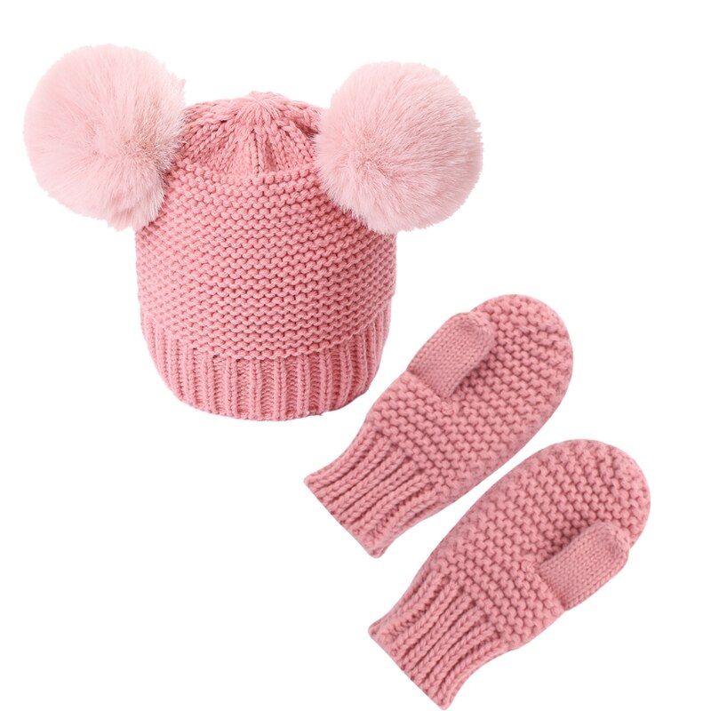 Unisex børn piger drenge baby spædbarn vinter varm hæklet strik hat beanie cap + vanter solid sæt baby handsker tilbehør: Lyserød