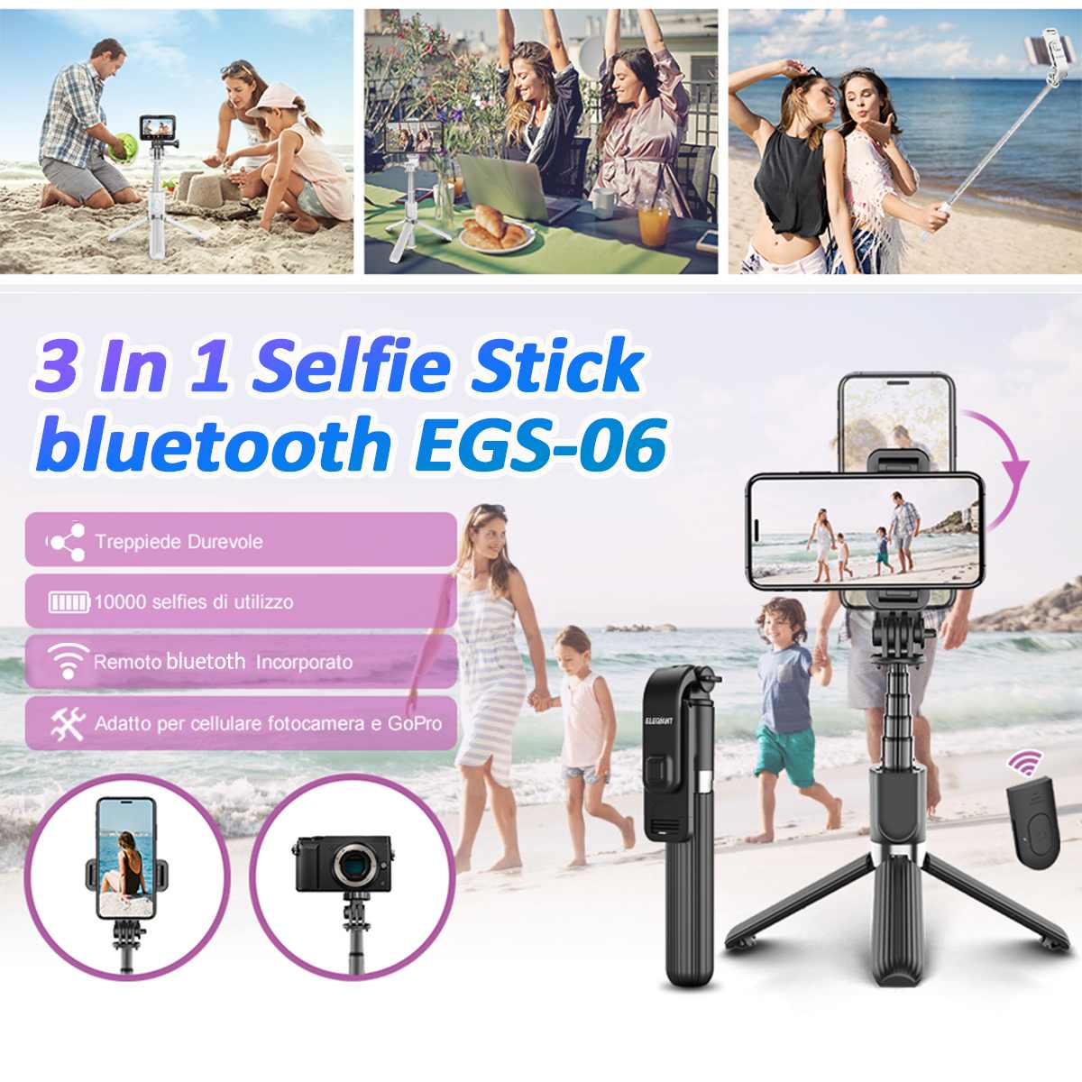 ELEGIANT – perche à Selfie tout-en-un, trépied en aluminium léger, extensible, avec télécommande, pour petit appareil photo