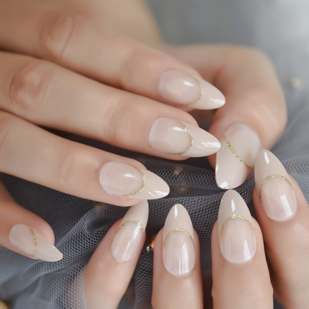 Faux ongles style français, , Beige, naturel, mi-stiletto, or, ligne de sourire, pointes de manucure conçues