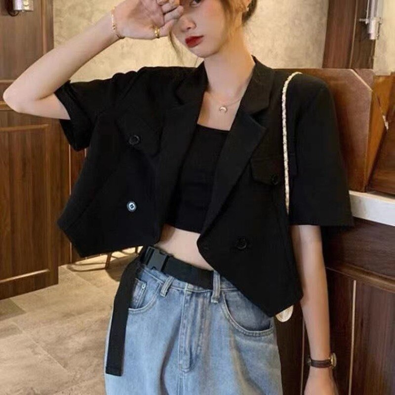 Zomer Korte Mouw Onregelmatige Zwarte Blazers Vrouwen Modieuze Ulzzang Office Lady Double Breasted Crop Tops Losse Uitloper Suits