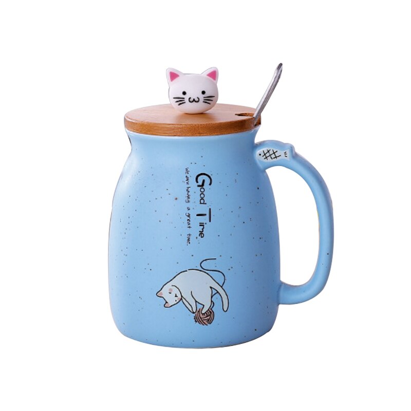 cute cat Mug cup heat-resistant cartoon taza with lid kitten coffee ceramic mugs children cup office Drinkware: blue