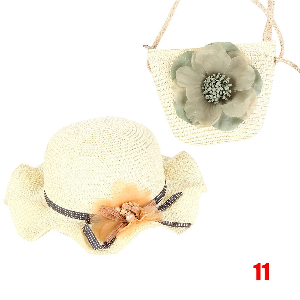 Vrouwen Meisjes Stro Zonnehoed + Leuke Bloem Stro Schoudertas Set Zomer Strand Kit: 11