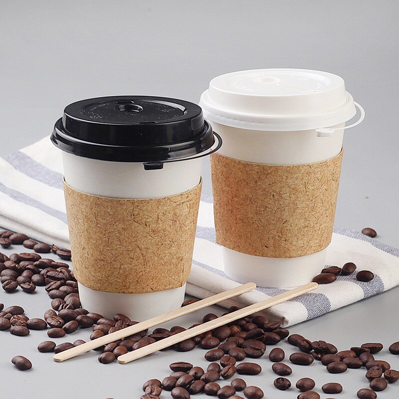 50pcs white disposable coffee cups cold drink tea takeaway packaging paper cup with lid and kraft paper sleeve