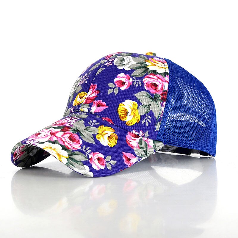 Floral Snapback Hats for Women Summer Breathable Mesh Baseball Caps Gorras Adjustable Girls Sun Trucker Hat: dark blue