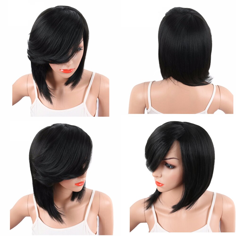 Deyngs Short Pixie Cut Bob Synthetic Wigs for Black Women Natural Black Costume African American Wigs with Bangs Full Wigs