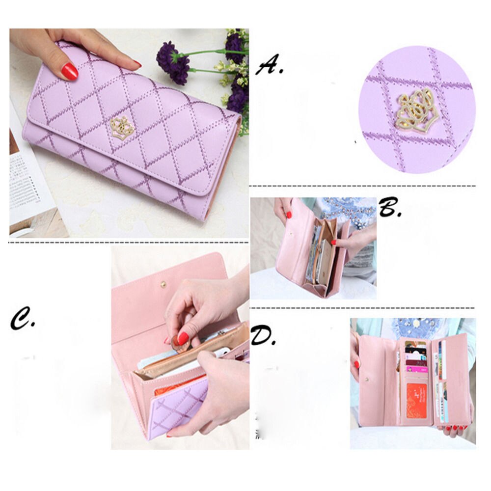 Lady Women Leather Bifold Wallet Clutch Card Holders Purse Lady Long Handbag Metal Crown Solid Smart Wallet