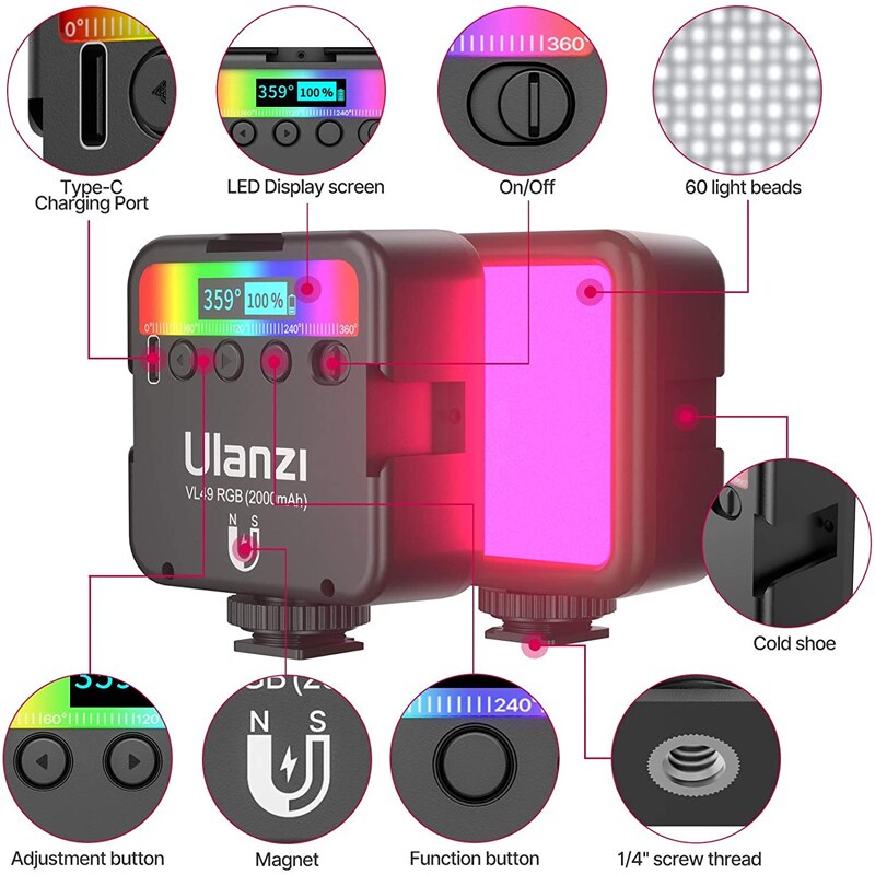 Ulanzi  vl49 himmennettävä rgb led videovalo lamppu päivitetty versio monivärinen puhelin kamera led lamppu valokuvaus studio valaistus vlogi