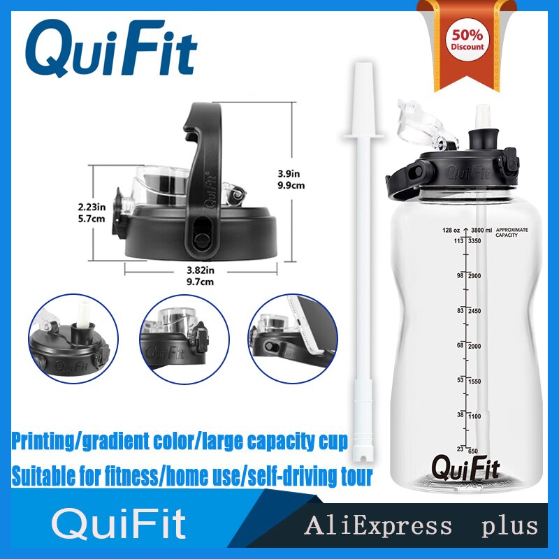 QuiFit water bottle 3.8L bouncing lid gallon water bottle cuptime stamp trigger no BPA, sports phone holder fitness water bottle: True color