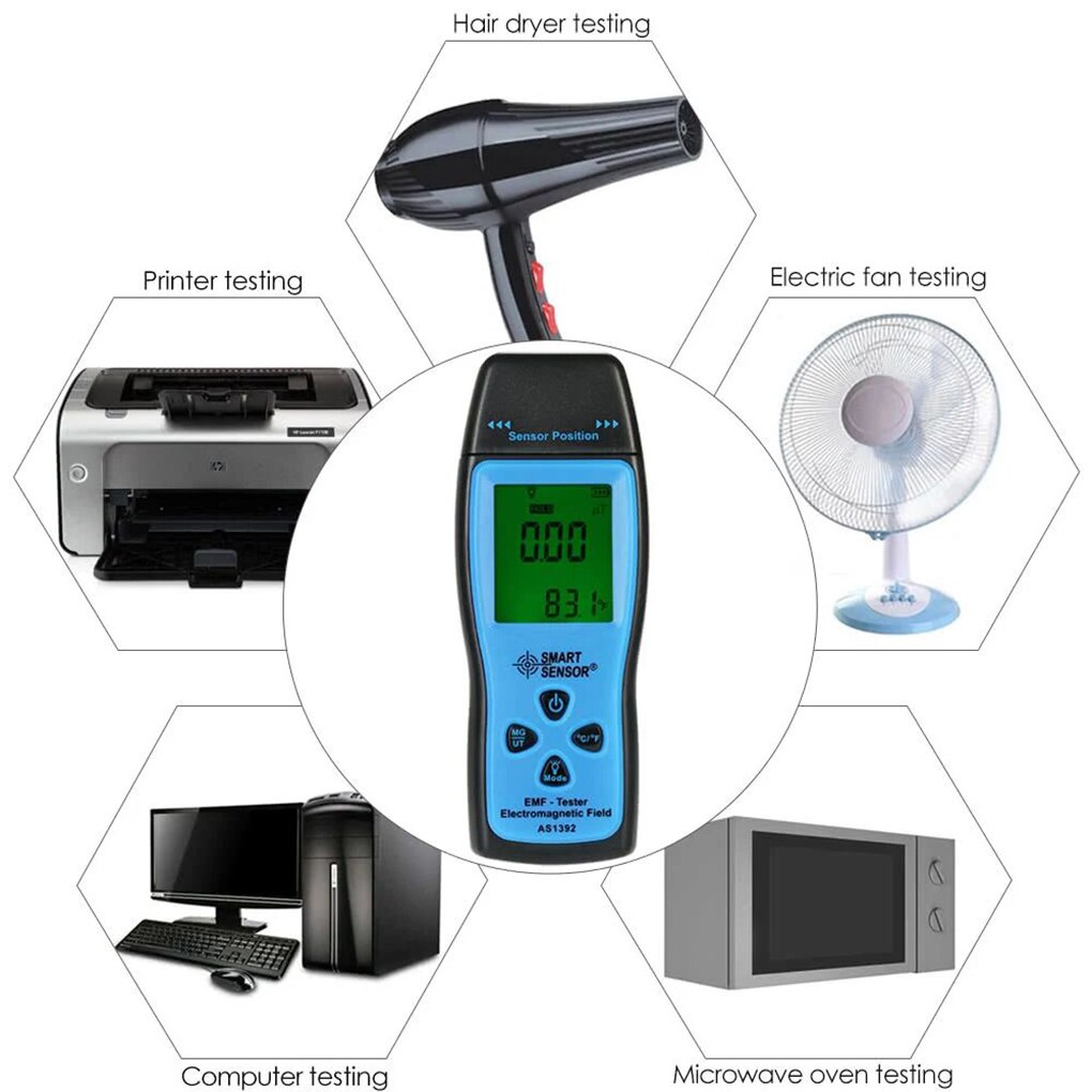 Handheld Electromagnetic Radiation Detector Digital LCD EMF Meter Smart Sensor AS1392 Radiation Meter 0-2000mG Dosimeter Tester