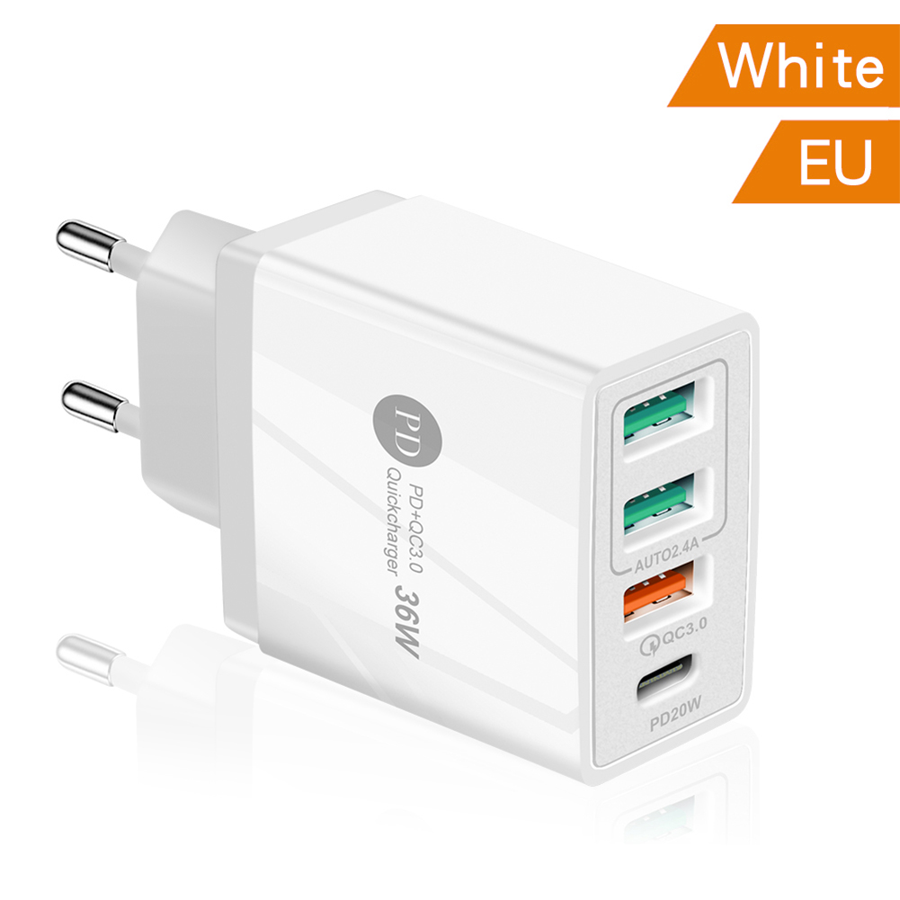 4 porty 36W ładowarka do telefonu komórkowego 2.4A PD 20W szybkie ładowanie 3.0 USB typ C ładowarka ścienna do iPhone 13 12 11 Xiaomi Samsung: White-EU plug