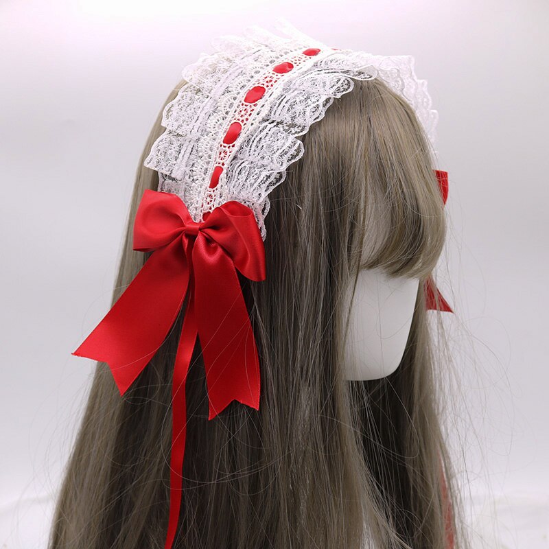 Petit bandeau Lolita japonais fait à la main, ornement pour cheveux de femme de ménage, clip latéral, accessoires pour cheveux doux: White And Dark red