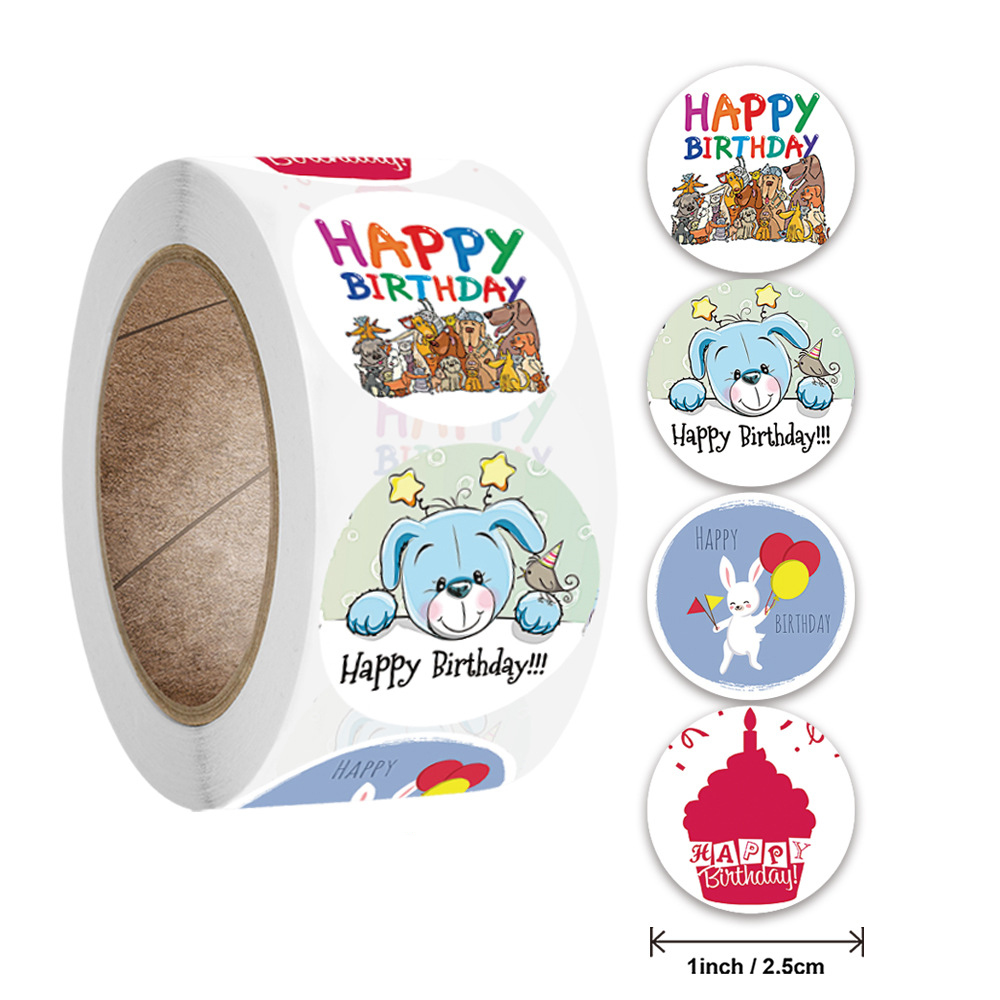 Pegatinas de feliz cumpleaños para niños, 100-500 piezas, 2,5 cm/1 pulgada, decoraciones de sellado, etiquetas para tarjetas de felicitación