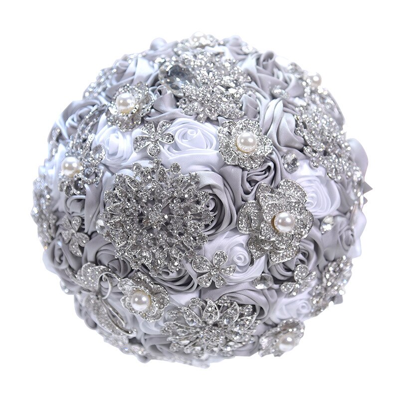 Bouquet de bijoux de mariage en or Rose, Rose, bordeaux, bijoux de mariage, cristal scintillant, bouquet de luxe par souvenir, D59: Silver and White