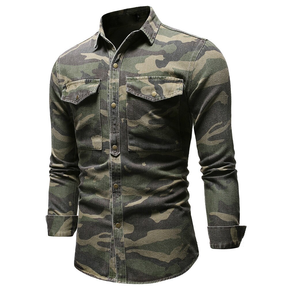 Spring and Autumn Men's Camouflage Denim Shirt Slim Long Sleeve Casual Jacket
