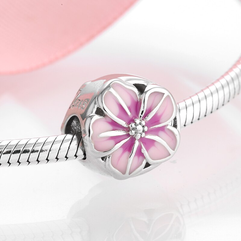 Pink Enamel Flower CZ Charms Beads Dangle Bud Silver 925 Fit Original JIUHAO Charm Bracelets Pendant Jewelry Making