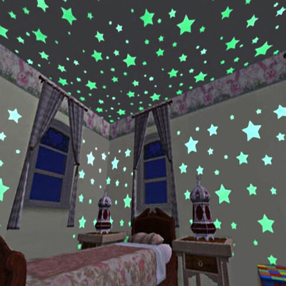 100 Pcs 3d Star And Moon Energy Storage Fluorescent Glow In The Dark Luminous On Wall Stickers For Kids Room Living Room Decal