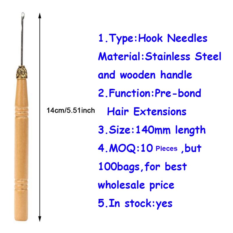 Aguja de gancho con mango de madera, Micro anillos, aguja para Micro anillos, herramientas para extensiones de cabello,