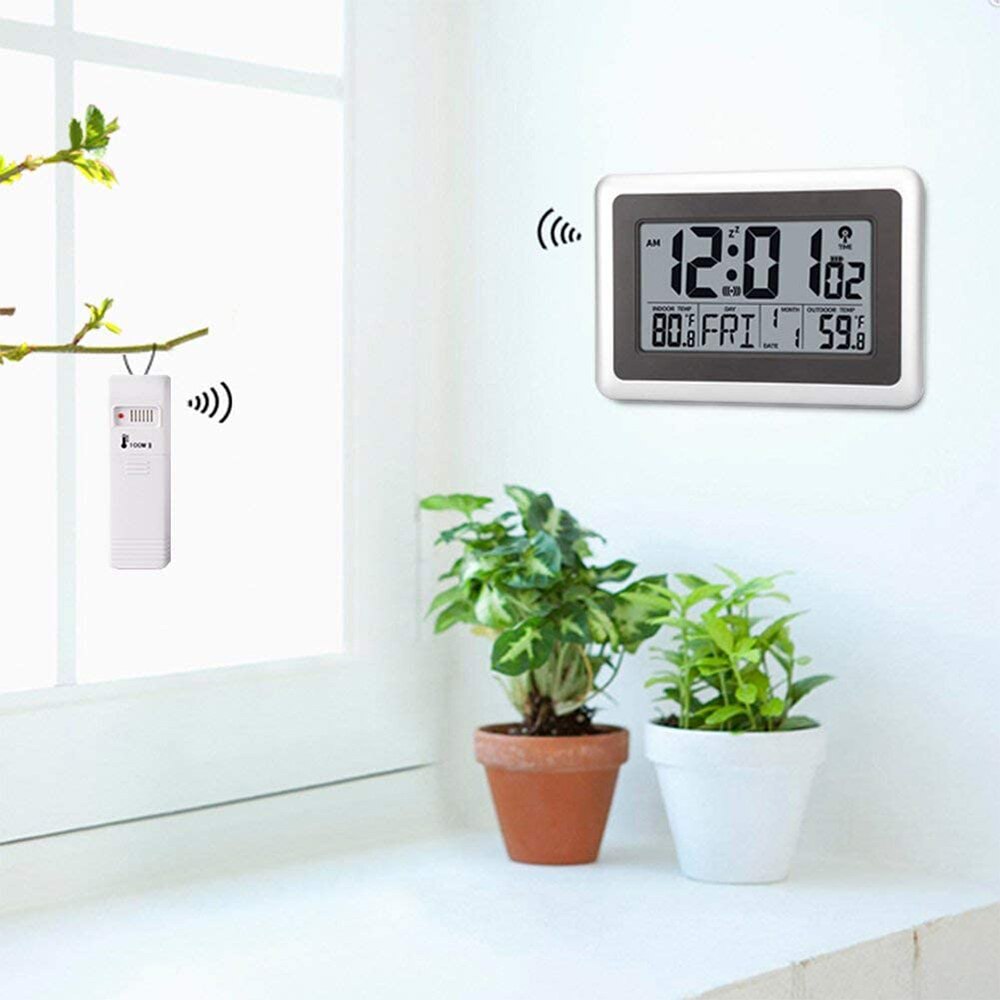 Atomic Wall Desk Clock Large Display with Indoor Outdoor Temperature Date Calendar Digital Alarm Clock Battery Operated for Room