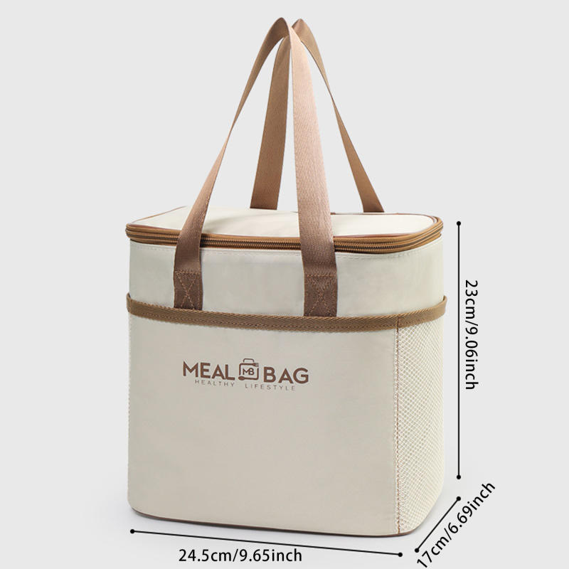 Square Insulated Lunch Bag For Women Kids Cooler Thermal Bag Portable Bento Box Ice Pack Tote Work Food Pouch Picnic Container: Beige
